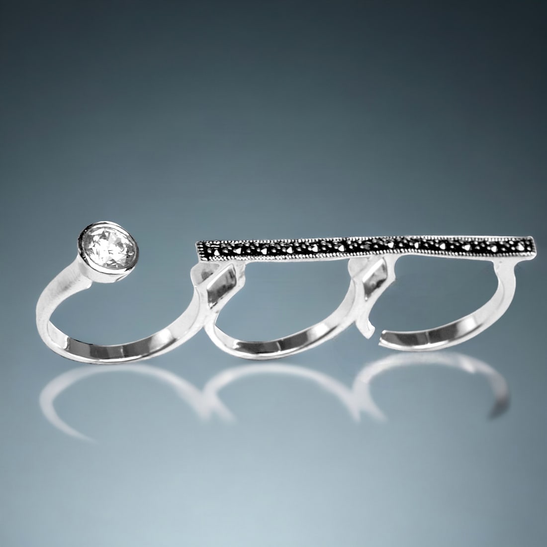 Minimalist Sterling Silver Marcasite Three-Finger Bar Ring - Size 8 (1 of 1)