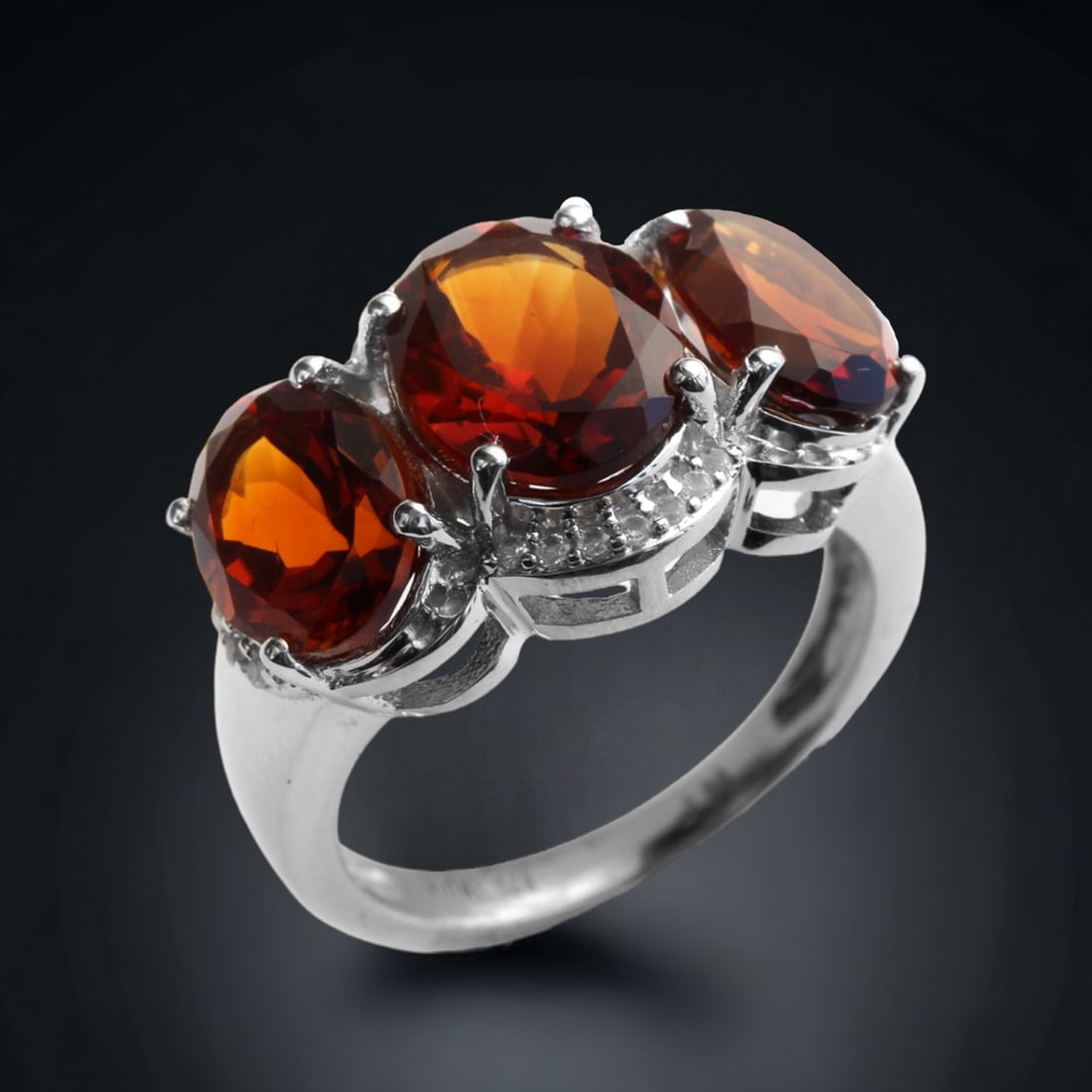 5.38 cttw Honey Citrine 3-Stone Sterling Silver Ring with sparkling White Topaz - Size 6 (1 of 1)
