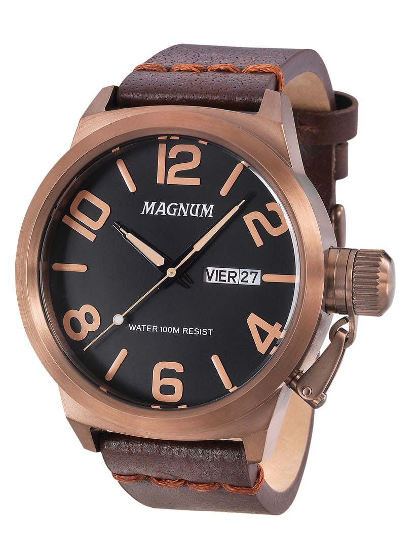 Magnum Graduate: 48MM Vintage Style Timepiece with Day, Date Function: 48mm Men's Magnum Graduate Quartz: A contemporary classic with a 41mm dial window, 14mm thick case, 3-hand movement, day/date feature, and sturdy leather strap.