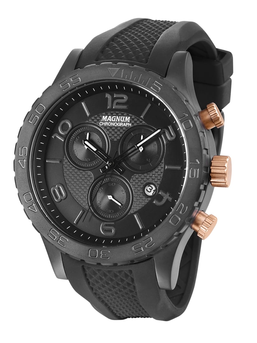 Magnum Captain Stealth: 51MM Sport Chronograph: Magnum Captain Quartz: Bold chronograph with a 51mm case, matte finish, oversized stopwatch buttons, and a captivating almost holographic carbon fiber-textured dial.