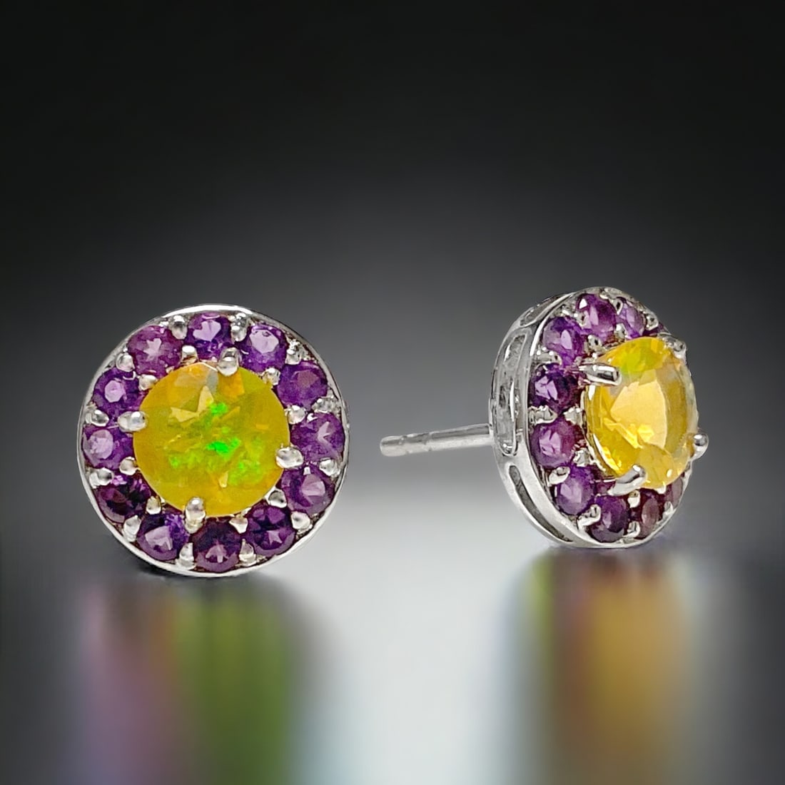 Sterling Silver Amethyst and Opal Halo Stud Earrings (1 of 1)