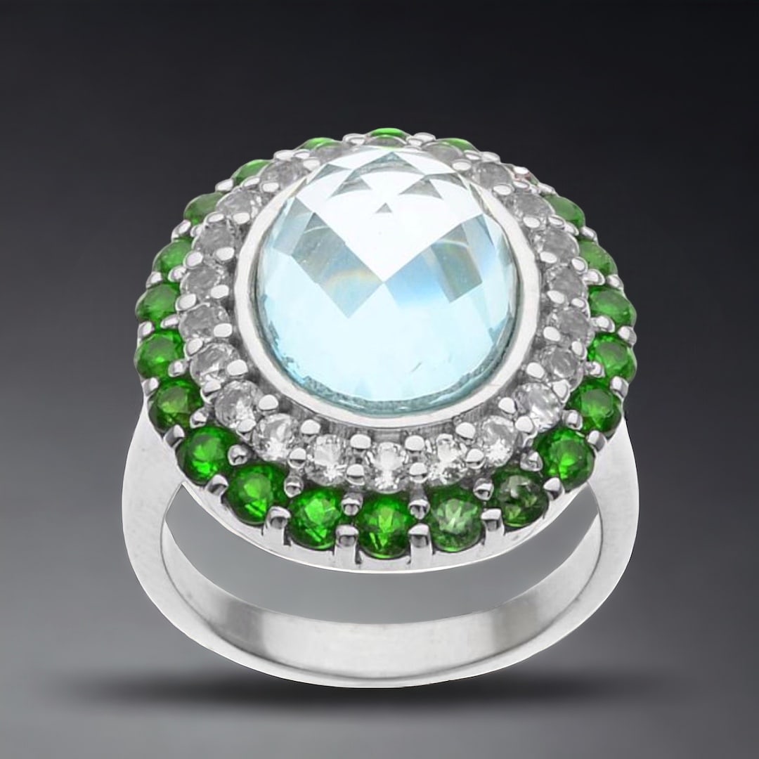 Heavenly Sky Blue Topaz Sterling Silver Ring with Chrome diopside, & White Topaz - Size 8 (1 of 1)