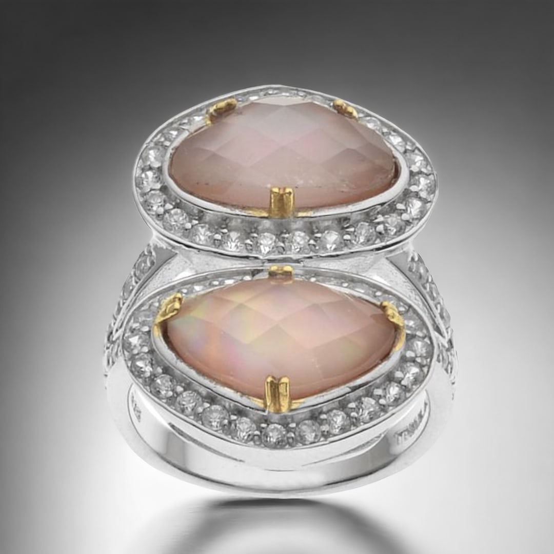 Regal  Rainbow Moonstone & Pink Mother-of-Pearl Doublet Sterling Silver Ring with dazzaling White (1 of 1)