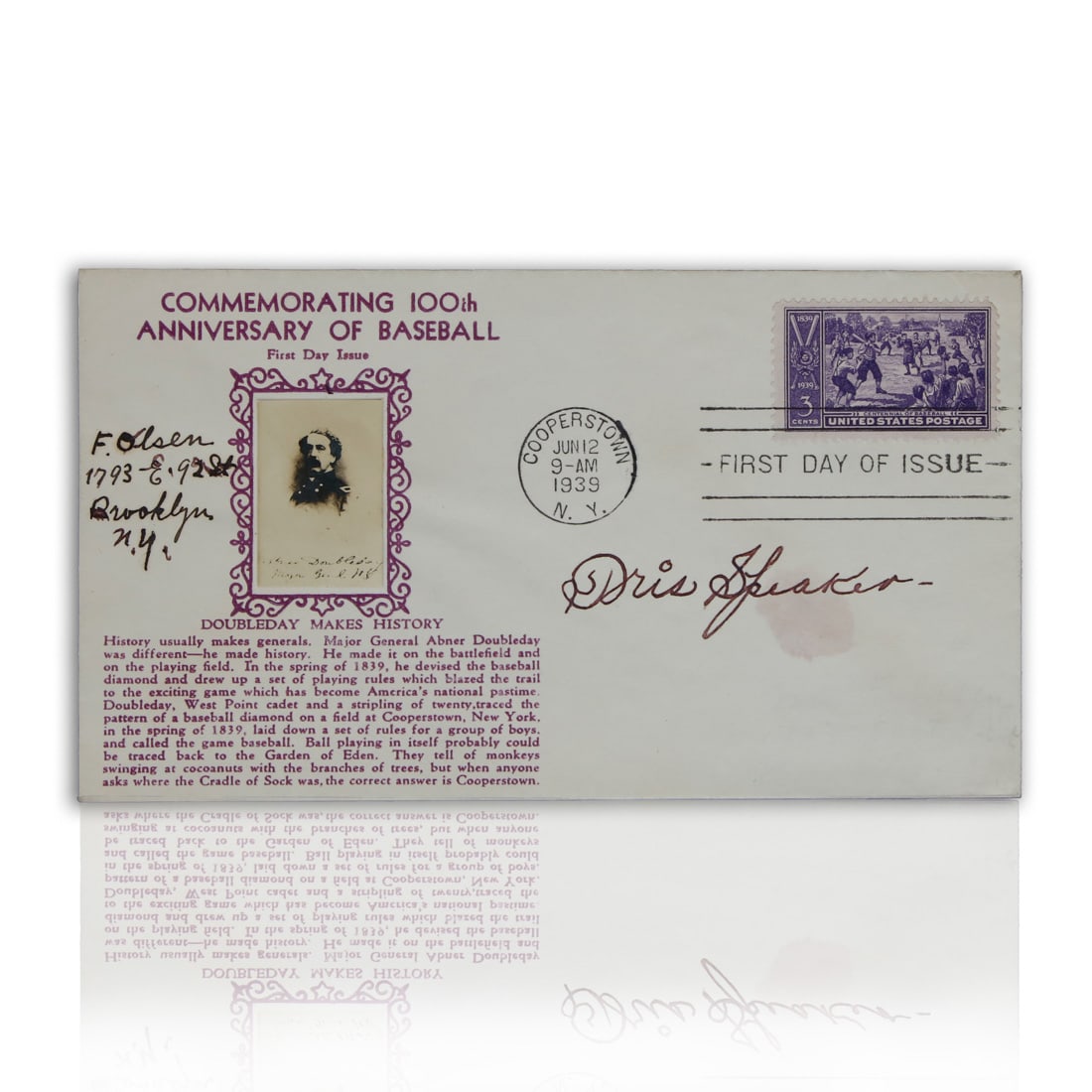 Tris Speaker Signed HOF First Day Issue Envelope Postmarked Cooperstown June 12 1939 (1 of 2)