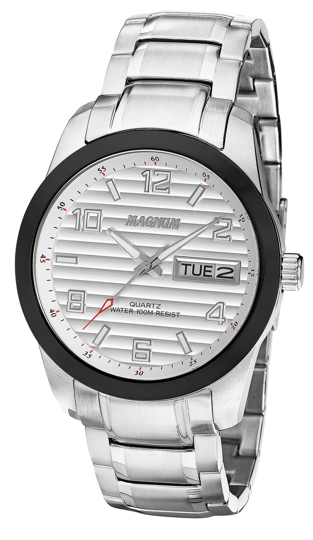 Magnum Linguist with Day & Date Functions and Ribbed Dial Design: Sleek 42mm Magnum Linguist Quartz Watch for Men. 3-hand Day Date design with bilingual day indicator. Horizontal ribbed channels on the dial. 13mm case height. Classic and functional.