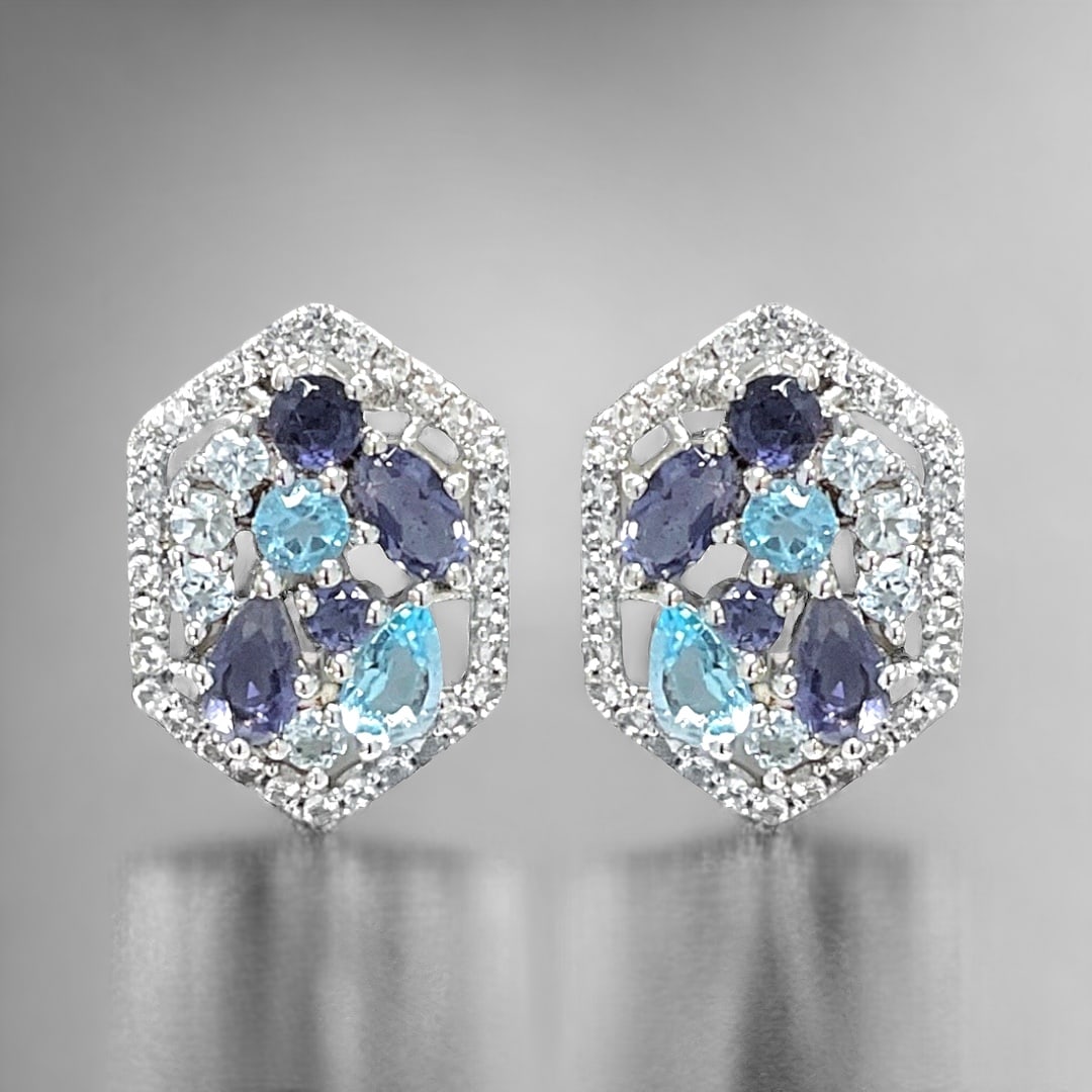 Marvelous array of Blue Topaz, Ioalite, & White Topaz Gemstone Earrings set in Sterling Silver (1 of 1)