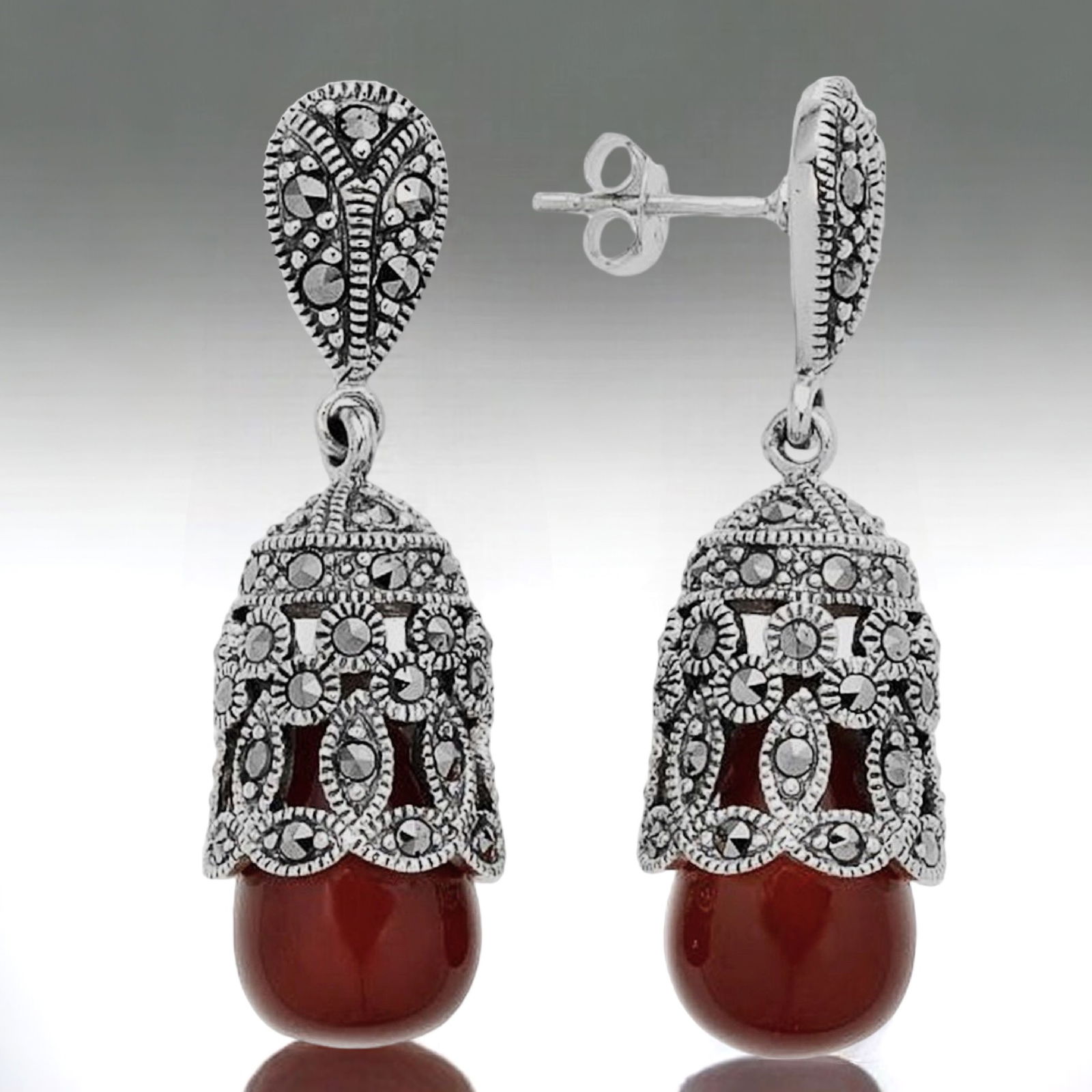 Deep Red Agate Sterling Silver Earrings combined with Marcasite to provide an exquisite look (1 of 1)