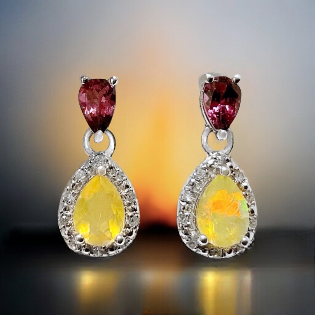 An array of Opal, Purple Garnet & White Topaz makes these Sterling Silver Earrings a treasure to (1 of 1)