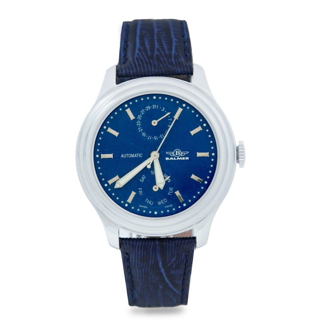 Balmer Vintage Swiss Complicated Automatic Watch with Teju Lizard Strap - New Old Stock: Balmer Vintage Swiss Complicated Automatic Watch with Teju Lizard Strap - New Old StockWe're pleased to present a magnificent horological artifact up for bidding – a vintage Balmer Swiss Complicated