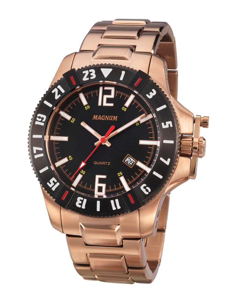 Magnum Sherman with GMT Bezel and Golden Finish: 42mm Men's Magnum Sherman Quartz Watch: Robust 31mm dial window, 13mm thick case, 3-hand movement, and date feature. Chunky stainless steel bracelet for a bold look.