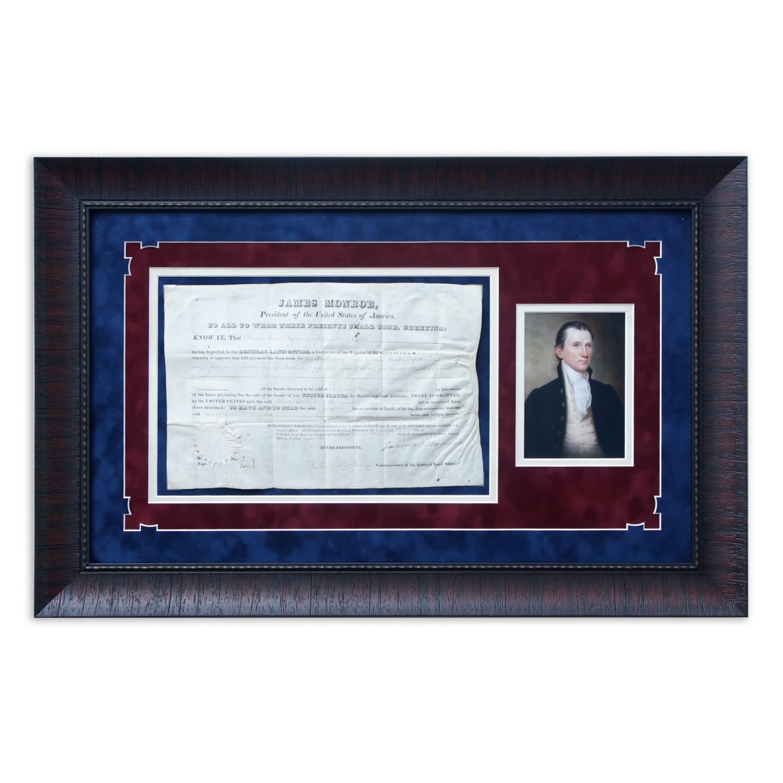 President James Monroe Signed 1823 Land Grant Presented in Museum-Grade Custom Frame (1 of 4)