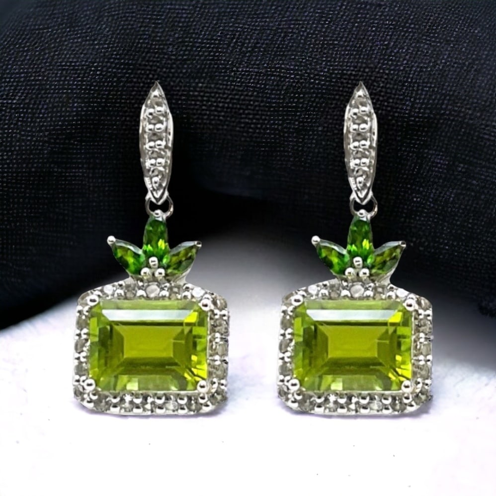 Emerald cut Peridot Earrings crafted in Sterling Silver with Chrome Diposide & White Topaz accents (1 of 1)