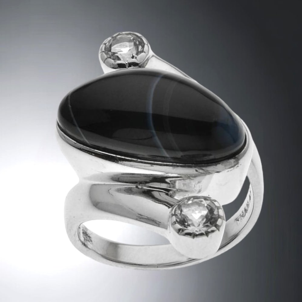 Avant Garde Tuxedo Agate Ring in Sterling Silver with White Topaz (1 of 1)