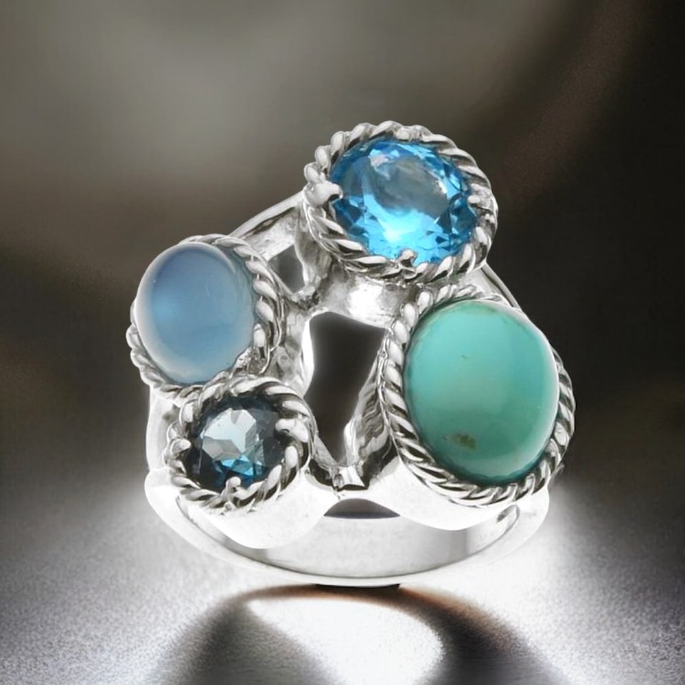 An array of Blue Gemstones & Turquoise Statement Ring crafted with precision in Sterling Silver (1 of 1)