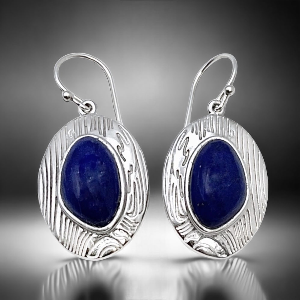 Deep blue Lapis earrings with a chic engraved Sterling Silver setting (1 of 1)
