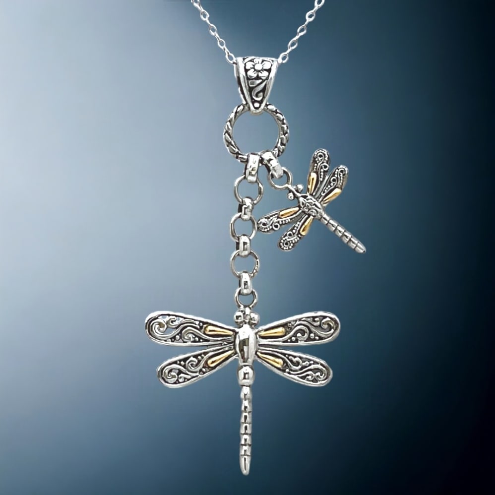 Enchanting Dragonfly Necklace set in 14K Gold & Sterling Silver with 18" chain (1 of 1)