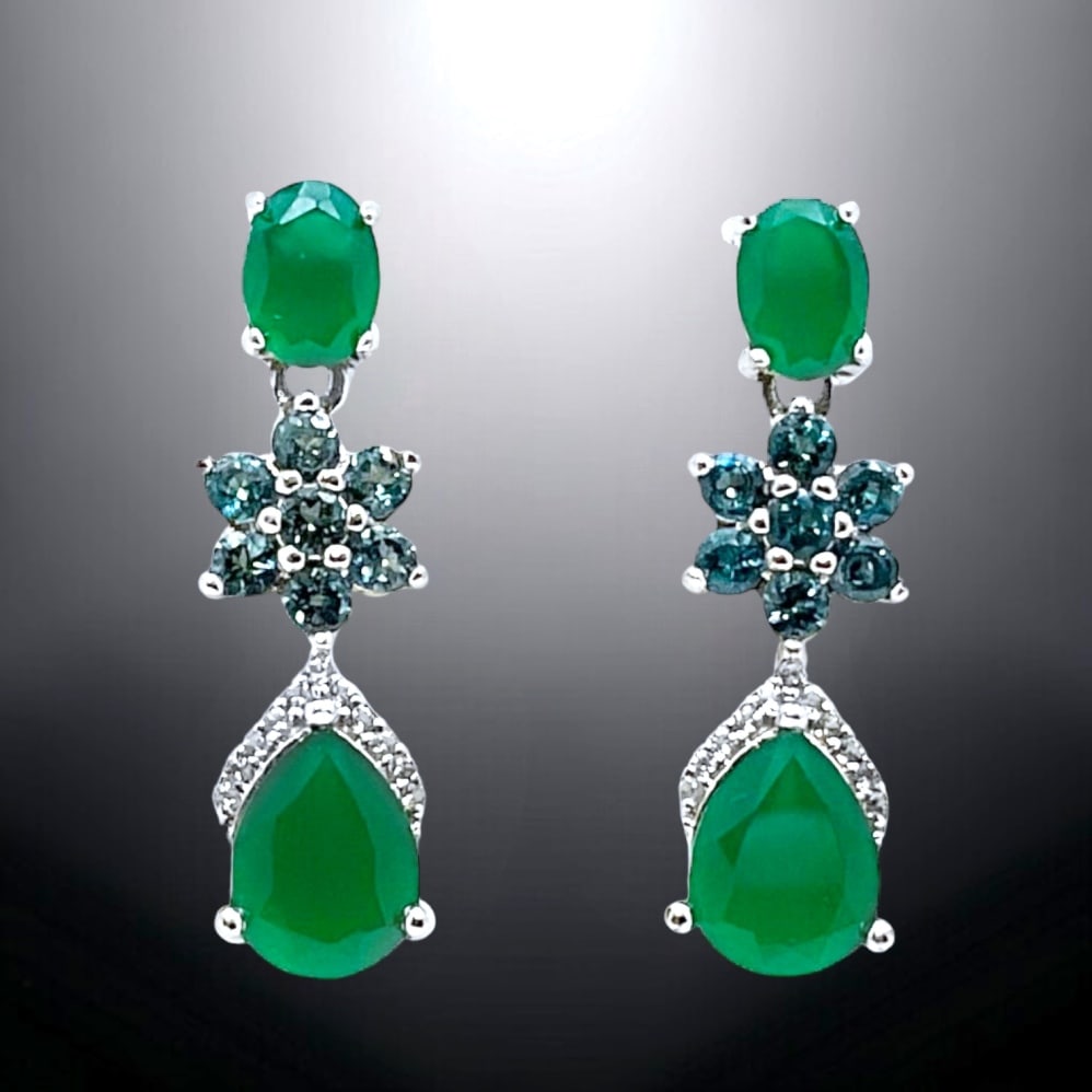 Nobel Green Agate Drop Earrings with London Blue Topaz & White Topaz all set in Sterling Silver (1 of 1)
