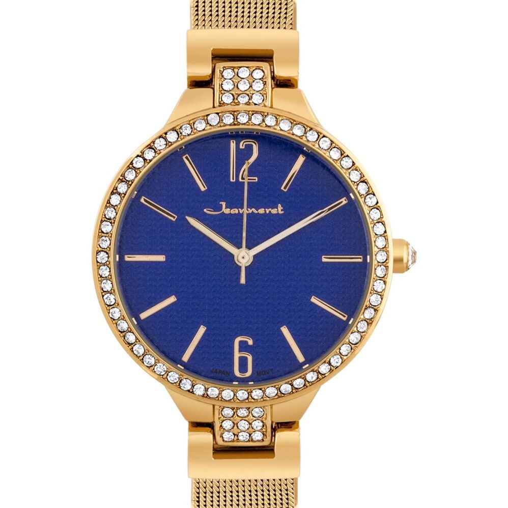 Jeanneret Luxury Crystal Bezel Ladies Watch: Jeanneret Luxury Crystal Bezel Mesh Band Watch - A gorgeous addition to any women's watch collection. Textured dial, mirror-polished hour markers, and shimmering Czech crystals around the bezel. Rose-