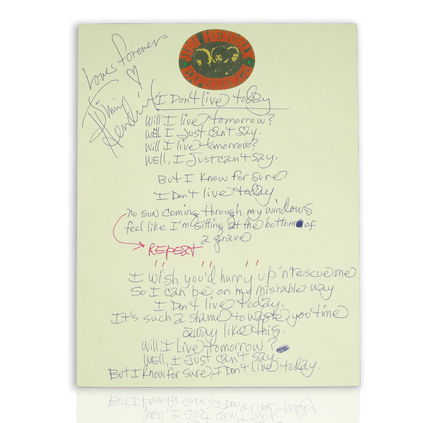 Jimi Hendrix Signed & Inscribed Handwritten Lyrics on Jimi Hendrix Experience Stationery (1 of 1)
