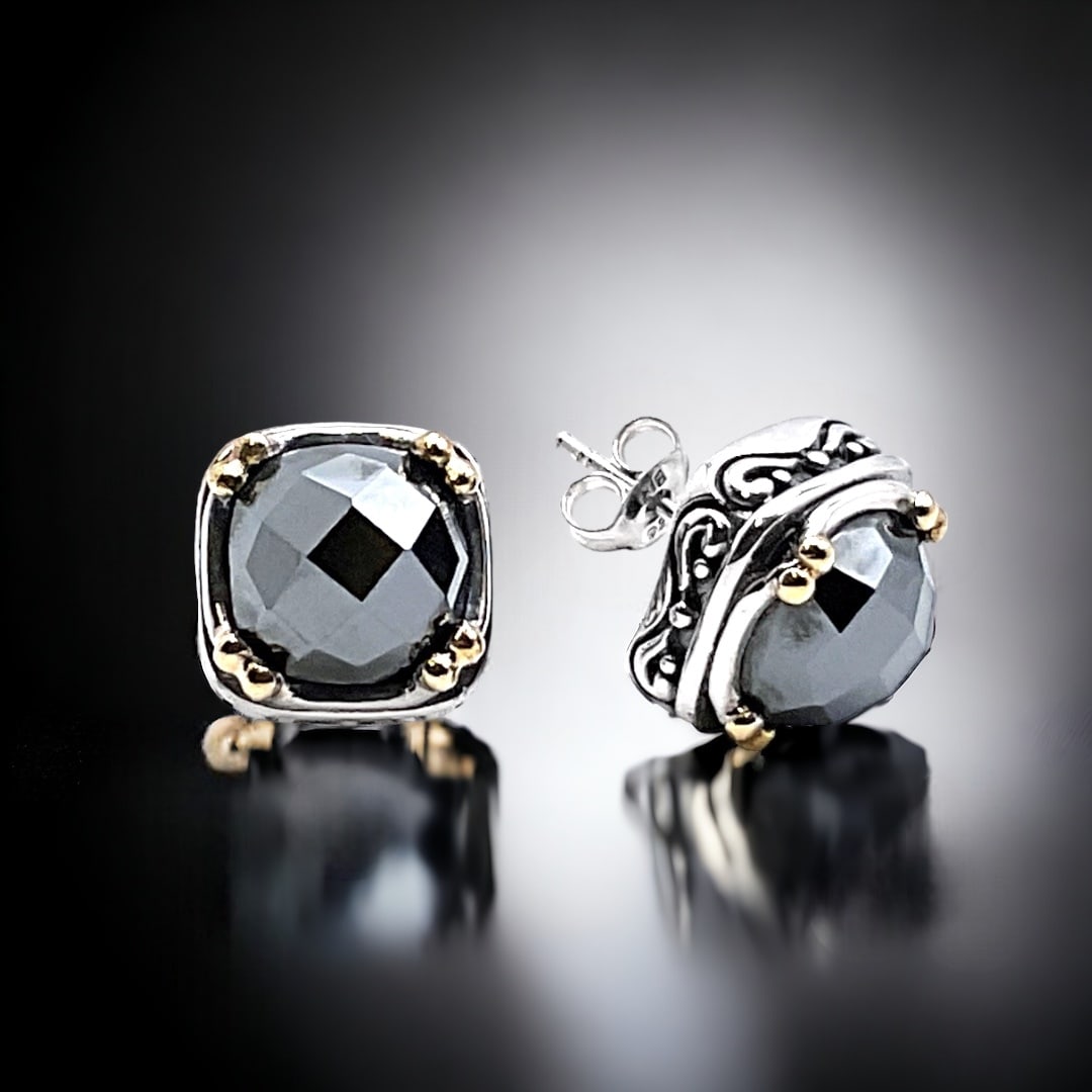 Captivating 14K Gold & Sterling Silver Facated Hematite Stud Earrings (1 of 1)