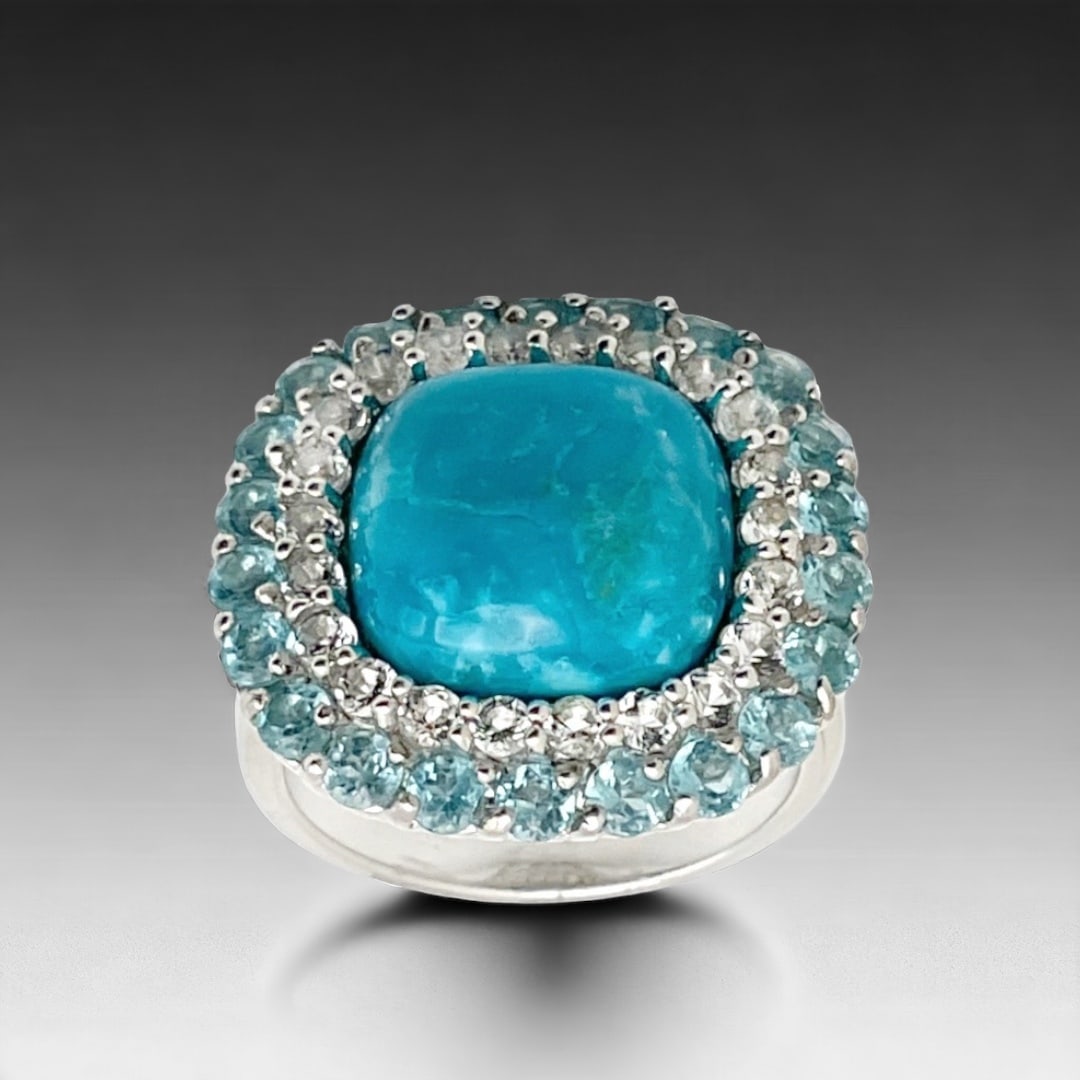 Kingman Turquoise Halo Ring with White Topaz & Apatite set in Sterling Silver - Size 7 (1 of 1)
