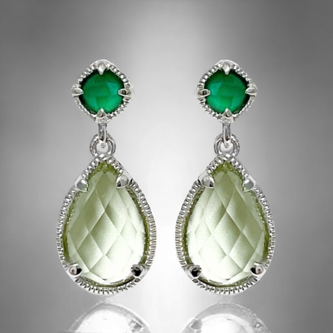 Pear shaped Green Amethyst Sterling Silver Earrings with enchanting Green Agate (1 of 1)