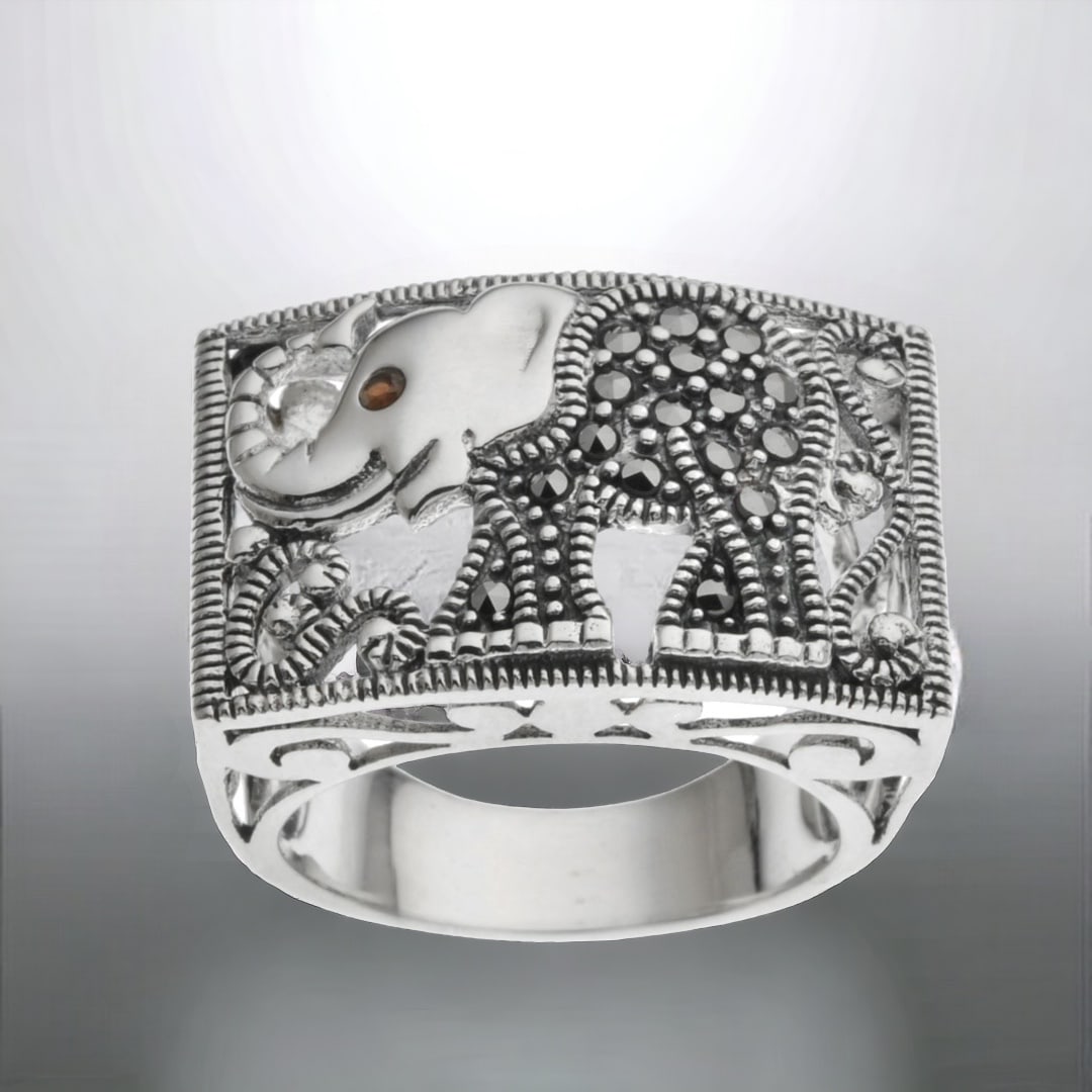 Elephant Ring with Garnet Eye and glimmering Marcasite all set in Sterling Silver (1 of 1)
