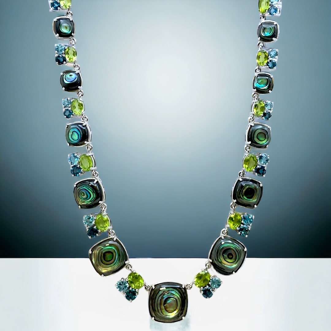 22.5 cttw Abalone, Peridot and London Blue Topaz, and Swiss Blue Topaz Sterling Silver Necklace: 22.5 cttw of Abalone, Peridot and London Blue Topaz, and Swiss Blue Topaz! Product Details Item: Necklace Metal: Sterling Silver Gemstone: Abalone, Peridot and London Blue Topaz, and Swiss Blue Topaz