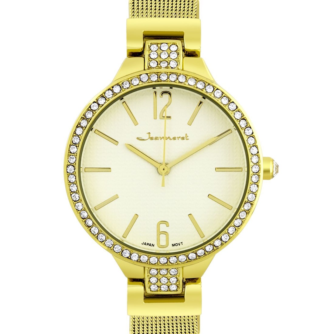 Jeanneret Luxury 34mm Case Mesh Band Ladies Watch: Jeanneret Luxury Ladies Watch, Shimmering Czech Crystals Around the Bezel, Textured Dial Design Accented with Mirror Polished Hour Markers and Hands, Japan Quartz, 34mm Stainless Steel, Metal Case, Me