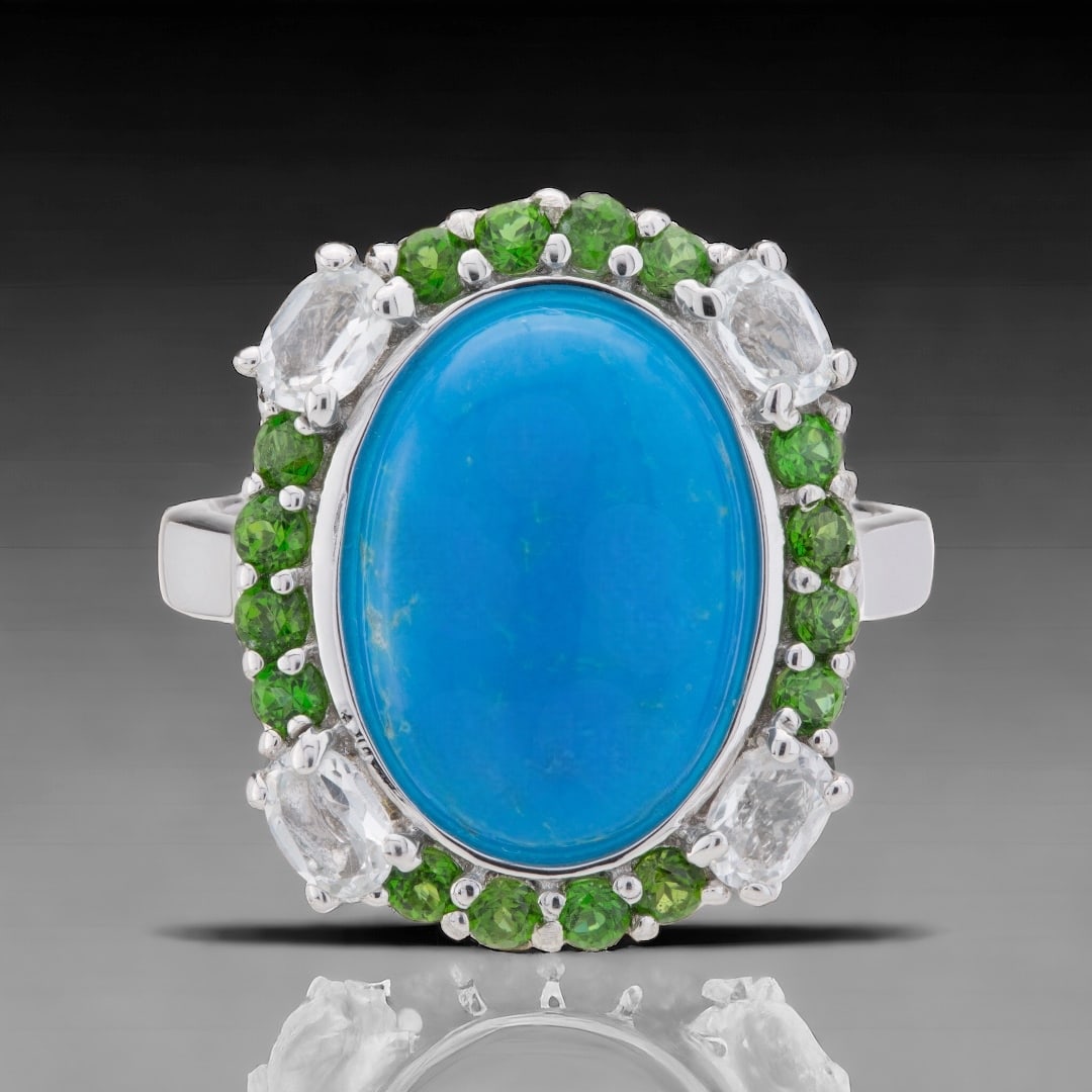Halo Ring with a Sky Blue Ceruleite Gemstone Ring wrapped by Chrome Diopside & White Topaz - Size 6 (1 of 1)