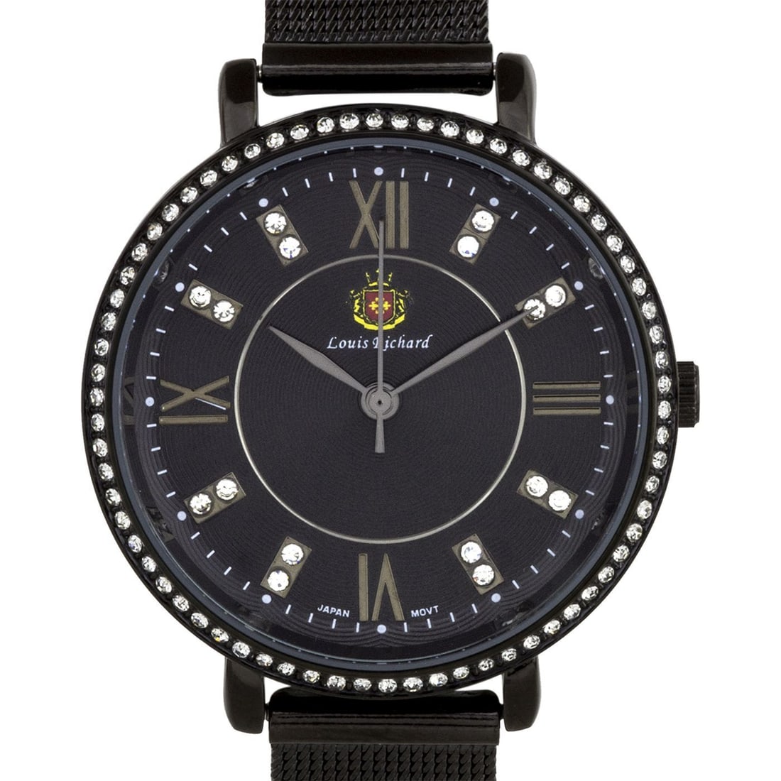 Louis Richard Luxury Mesh Band 36mm Case Watch: Louis Richard Luxury Ladies Watch: Modern 36mm case watch, multi-layered textured dial, stainless steel and metal case, crystals with Swarovski elements on the bezel. Luminescent hands, adjustable mes