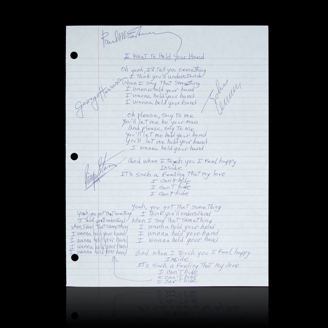 Beatles Signed Handwritten "I Want To Hold Your Hand" Lyrics (1 of 2)