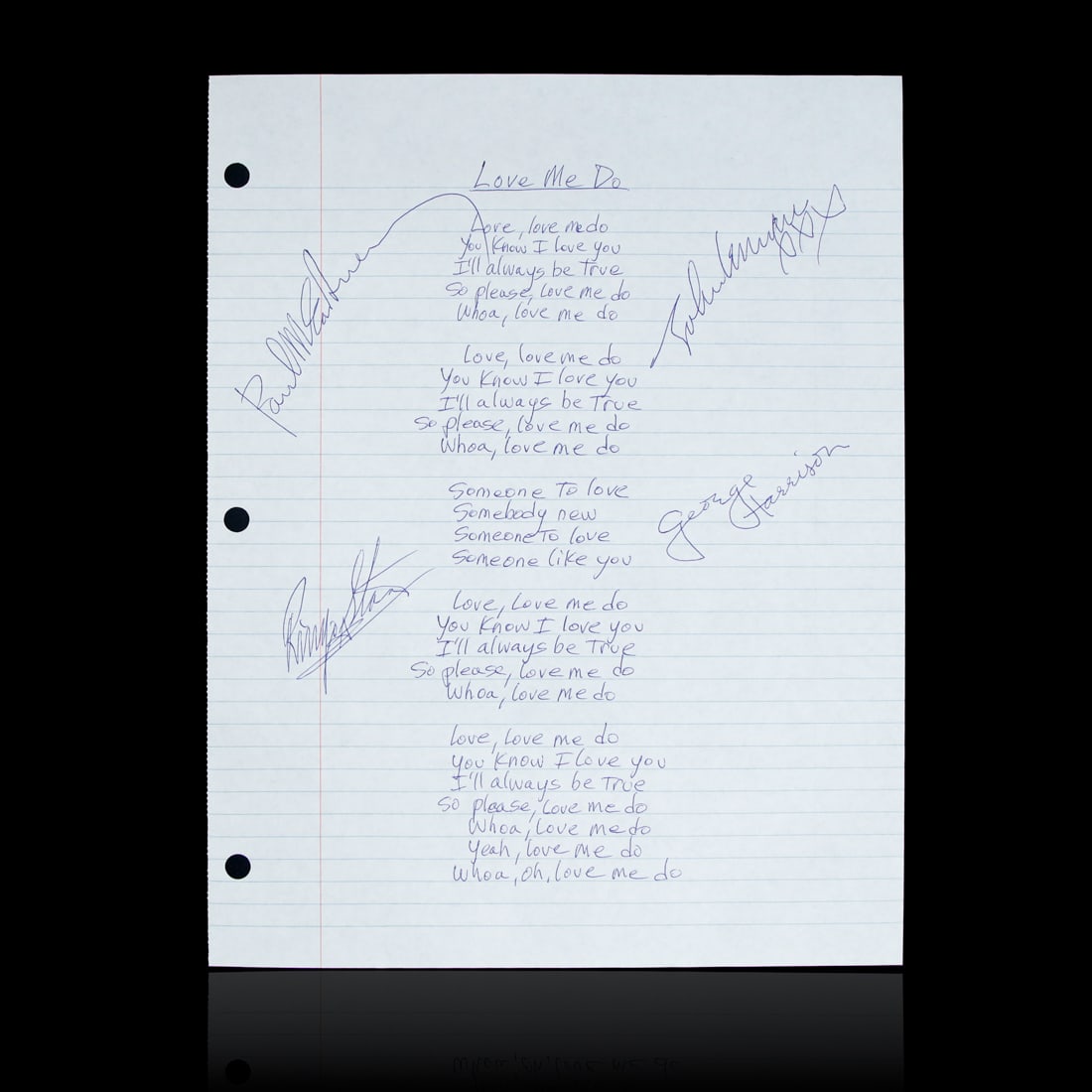 Beatles Signed Handwritten "Love Me Do" Lyrics (1 of 2)