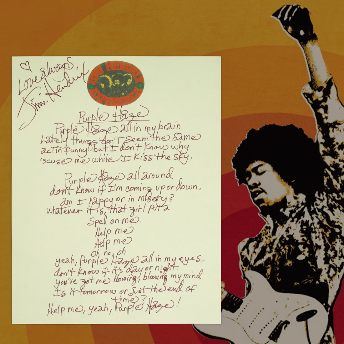 Jimi Hendrix Signed & Inscribed Love Always Handwritten "Purple Haze" Lyrics (1 of 2)