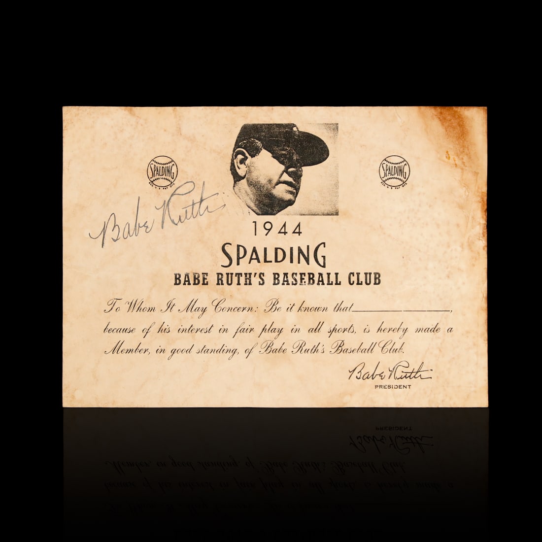 Babe Ruth Signed 1944 Spalding Babe Ruth's Baseball Club Certificate (1 of 2)