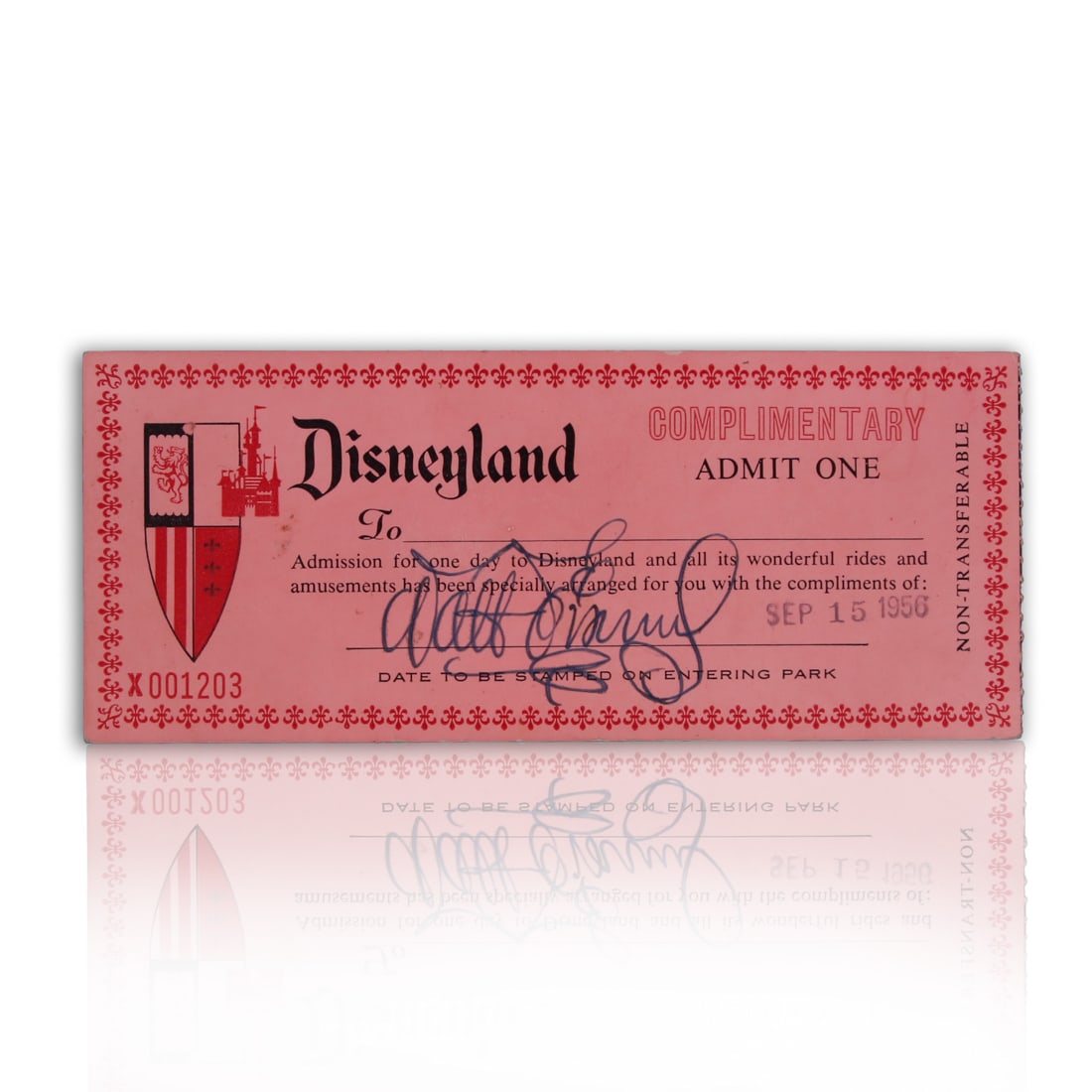 Walt Disney Signed Complementary Ticket to Disneyland Dated September 15 1956 (1 of 5)
