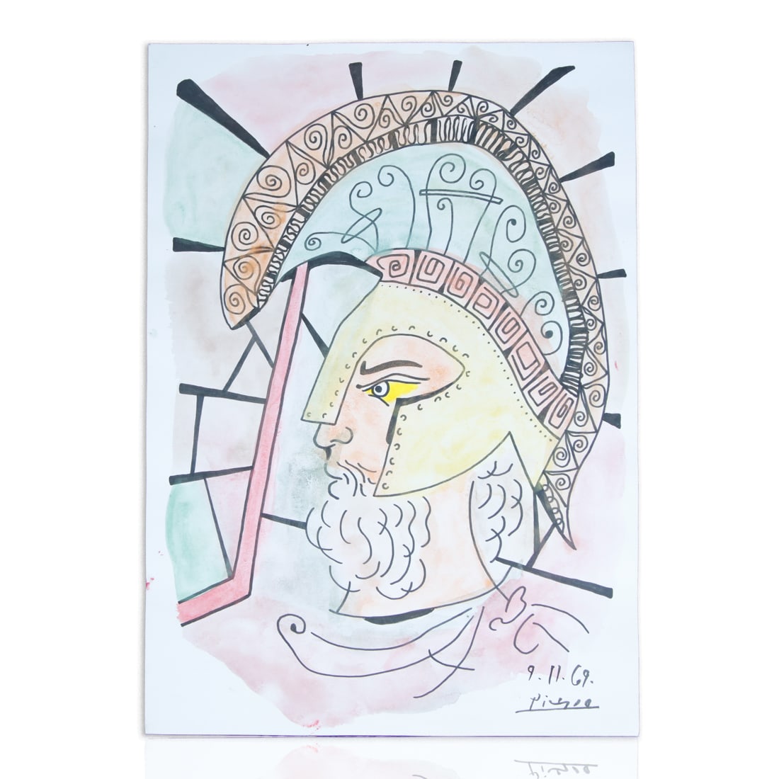 Pablo Picasso Signed 8x12 Watercolor Painting of  Legionary Soldier in Headgear (1 of 7)