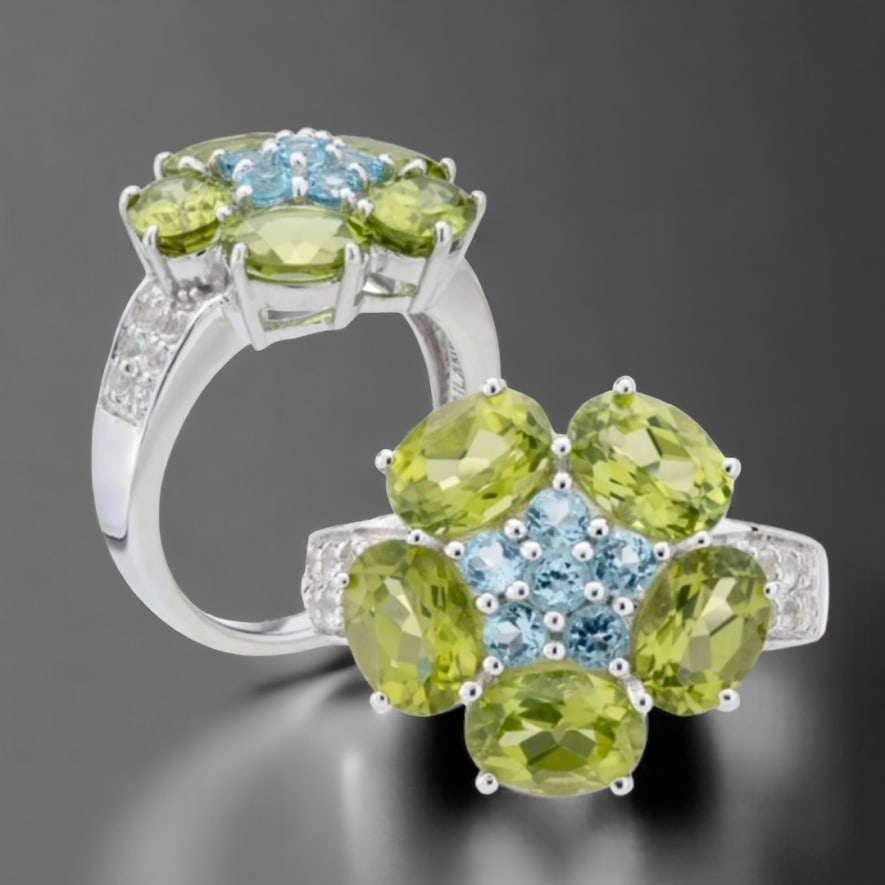 Flower Ring Sterling Silver Swiss Blue Topaz & Peridot - Size 9 (1 of 1)