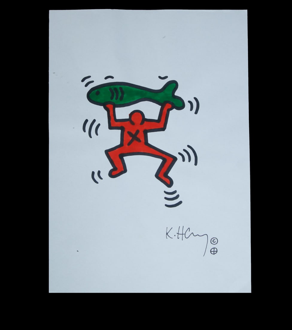 Keith Haring Signed "Man with Fish" Sketch on 8x12 paper (1 of 3)