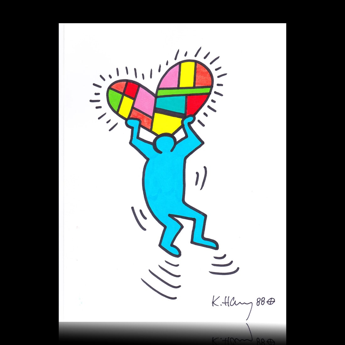 Keith Haring Signed Watercolor Sketch "Man Holding Up a Heart" (8x12): A Tribute to a Pop Art Icon. (1 of 2)
