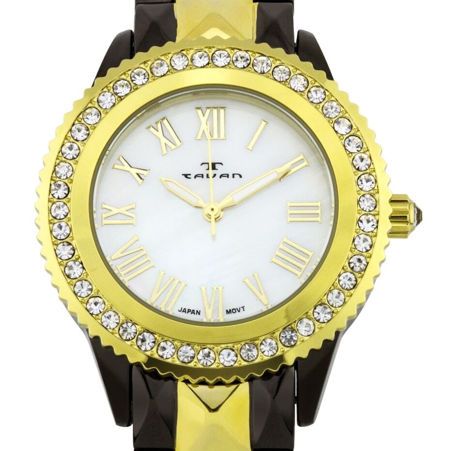 Tavan Swarovski Crystal Bezel 39mm Case Watch: Tavan Watch with Swarovski Crystal Bezel: Japan quartz movement, mother of pearl dial, and luminescent hands. A touch of luxury with cubic zirconia on the coin-edge bezel. Gold-tone stainless steel an