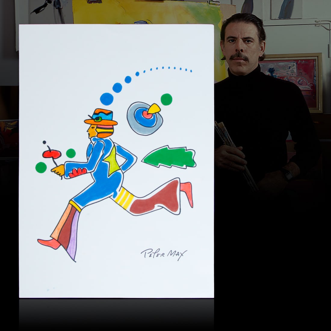 Peter Max black ink signature on watercolor drawing on 7.5x12 paper (1 of 3)