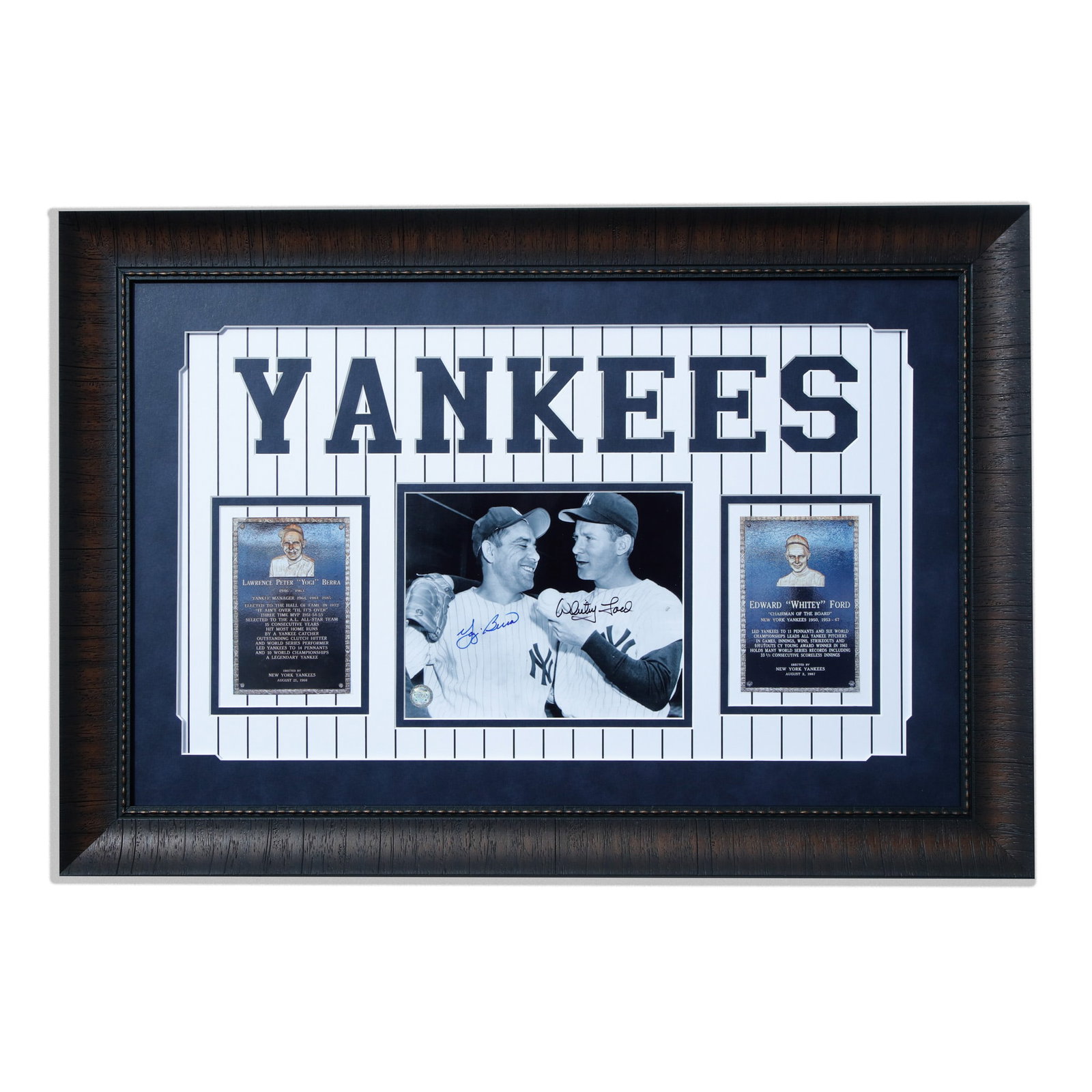 Yogi Berra & Mickey Mantle Yankee Signed Photograph: This is a beautifully designed 32x22 custom framed and original Yogi Berra & Whitey Ford Autographed picture. This piece comes with a Certificate of Authenticity attached to the back.