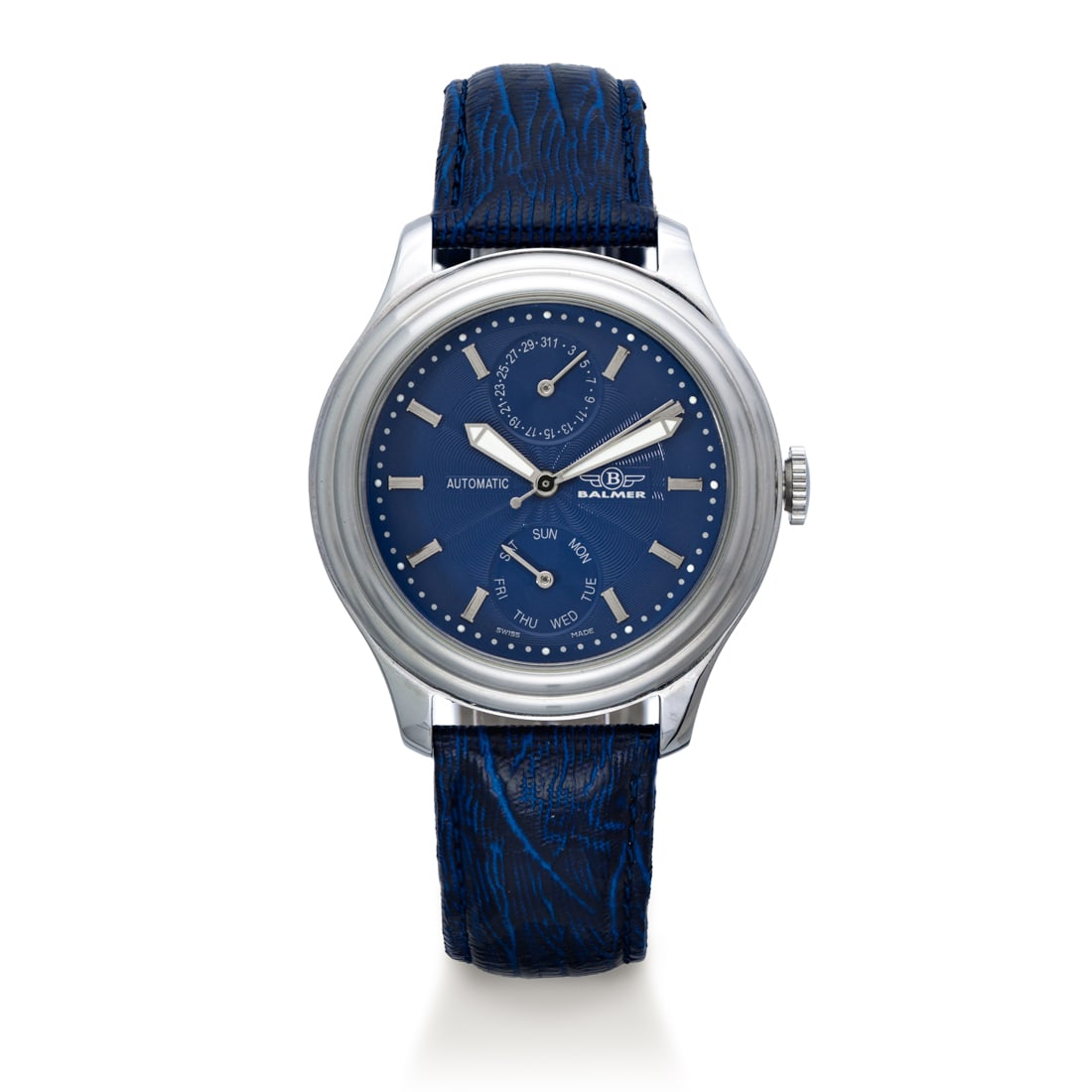 Balmer Vintage Swiss Complicated Automatic Watch with Teju Lizard Strap: Balmer Vintage Swiss Complicated Automatic Watch with Teju Lizard Strap - New Old Stock We're pleased to present a magnificent horological artifact up for bidding, a vintage Balmer Swiss Complicated A