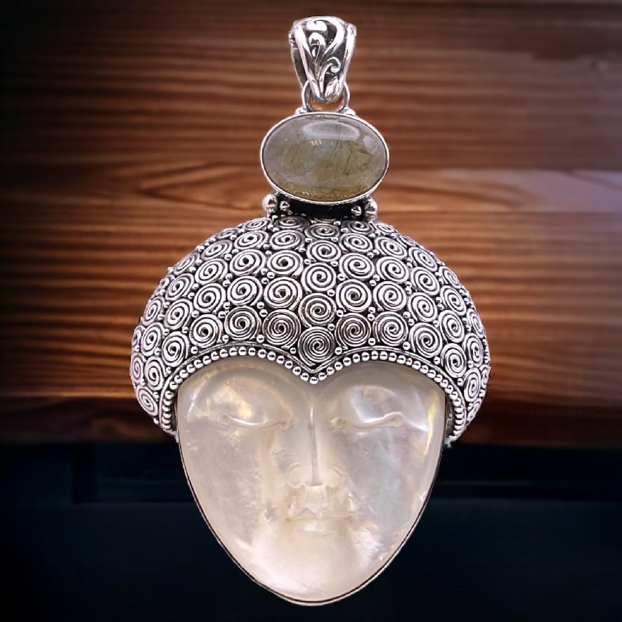 Large Carved Mother-of-Pearl Face & Labradorite Sterling Silver Pendant (1 of 2)
