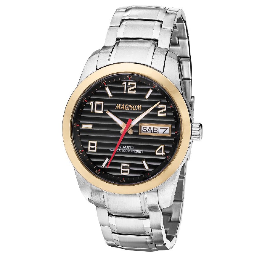 42mm Men's Magnum Linguist Quartz Watch: The Magnum Linguist is a Men's 42mm diameter 13mm tall case with 3 hand Day Date time piece .The dial exhibits horizontal ribbed channels with Bi-lingual Day indicator