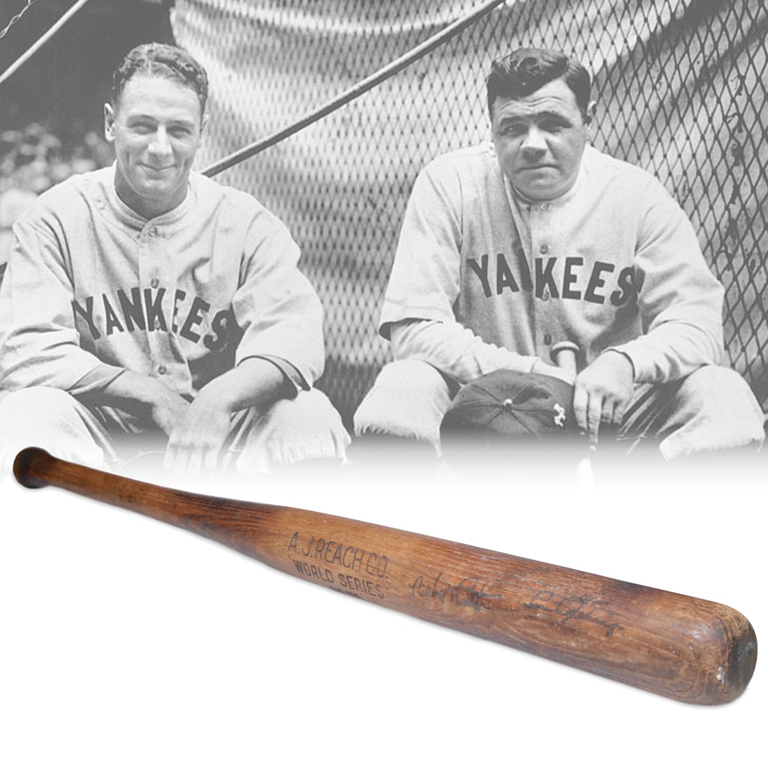 Babe Ruth and Lou Gehrig Signed AJ Reach Co Baseball World Series No.105 Bat (1 of 6)