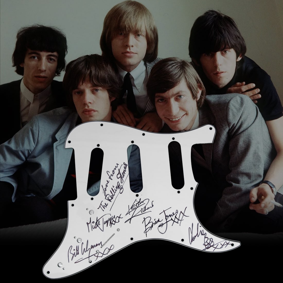 Rolling Stones Signed Guitar Pickguard - Signed by 5 Members Including Brian Jones (1 of 2)