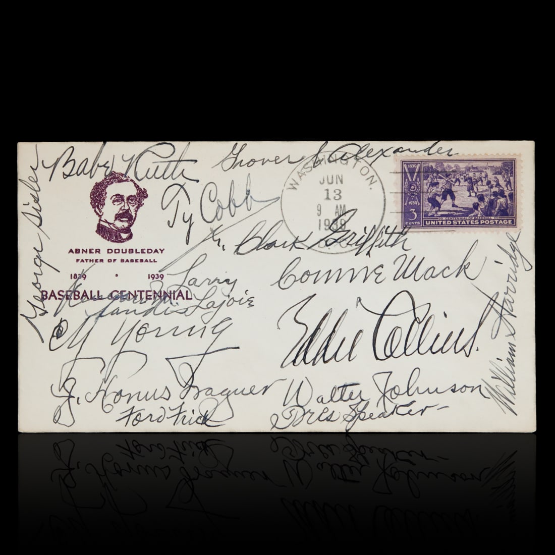Baseball Centennial Envelope, Signed by 13 Hall of Famers - Postmarked June 13, 1939 (1 of 3)