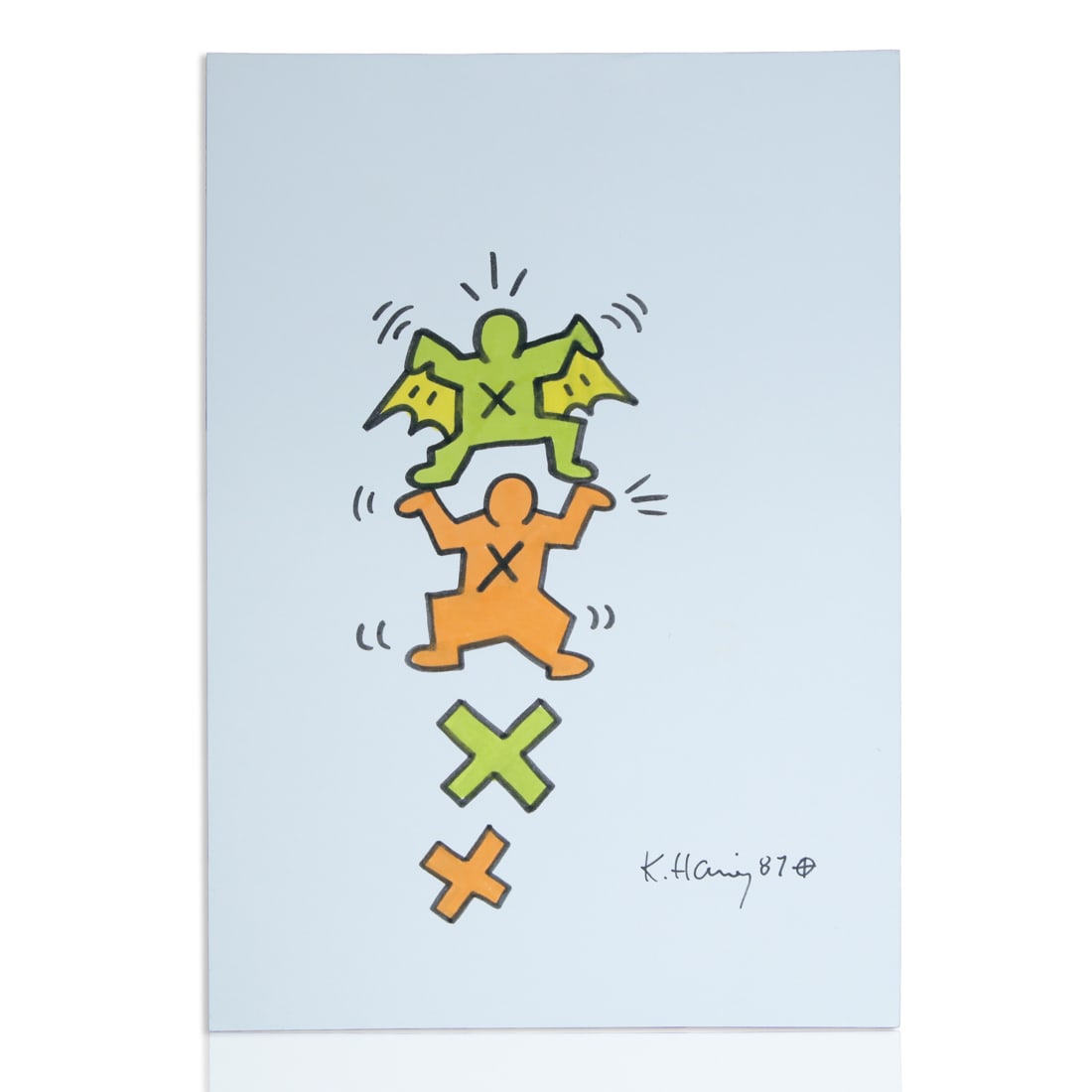 Keith Haring Marker Art - Green Man with Wings & Orange Man - Dated 1987 (1 of 4)